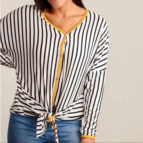Ivory and mustard stripe button down blouse - Picture 2 of 5